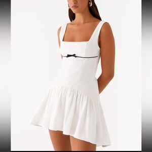 White Square-Neck Mini Dress with Bow Detail